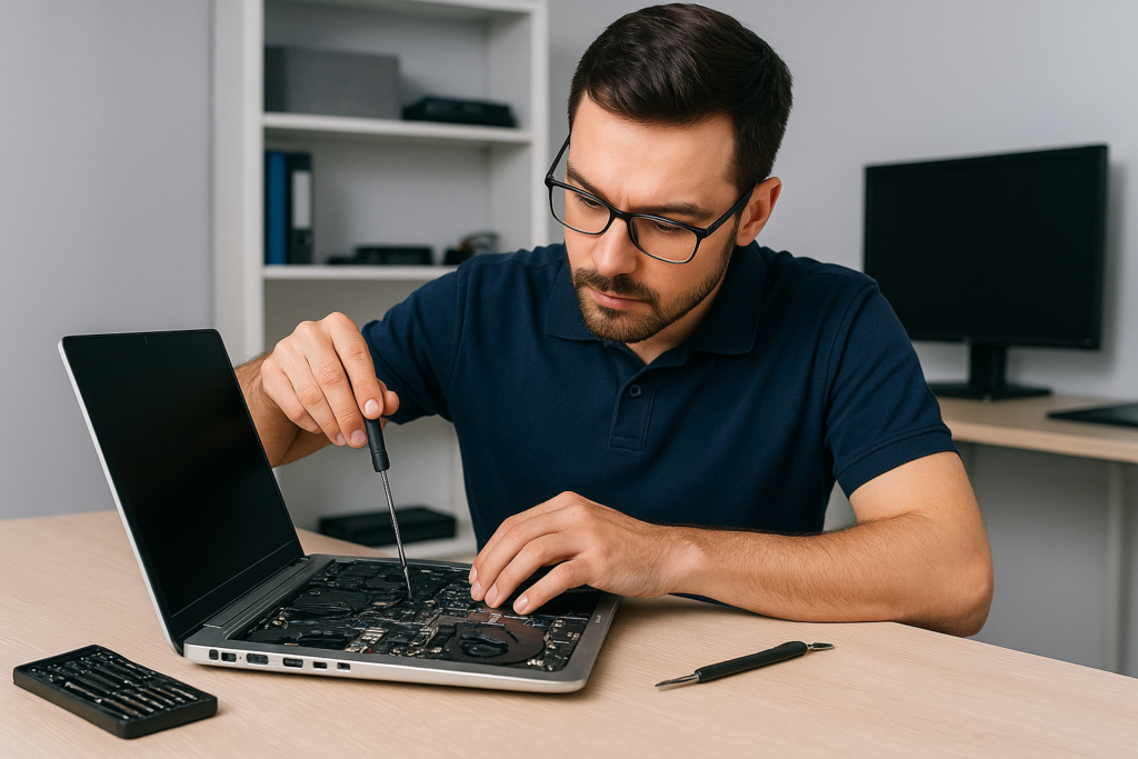 Technician repairing a laptop with tools, professional laptop repair service